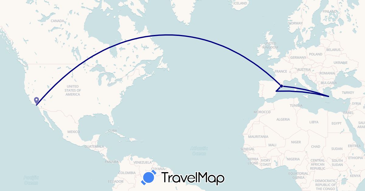 TravelMap itinerary: driving in Spain, Greece, United States (Europe, North America)